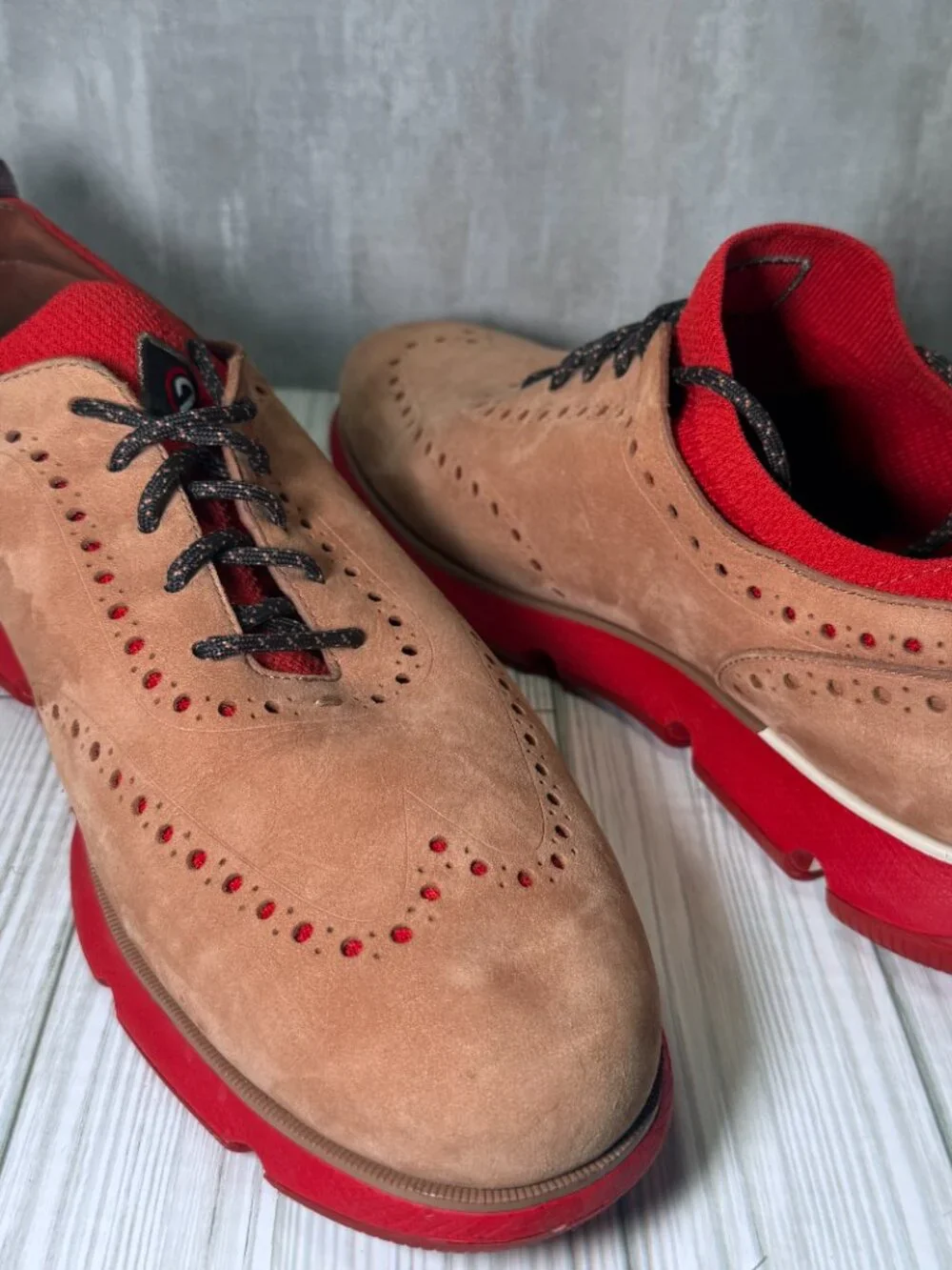 Cole Haan ZERØGRAND Wingtip Oxford Shoes Men's 13M Tan Suede Red C33628 EXCELLEN